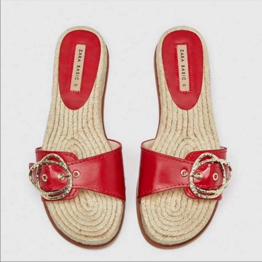 Zara Red Genuine Leather Buckle Espadrille Sandal 38 - Picture 3 of 4